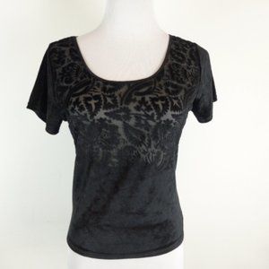 KENAR BLACK stretch burnout cut velvet short sleeve crop t shirt top L